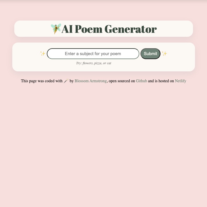 a screen shot of a webpage. at the top is a box that says ''fairy emoji' AI poem generator' under this is another box featuring a spot to enter text with a sumbit button to the side. the whole page is dusty pink, olive green, and cream 