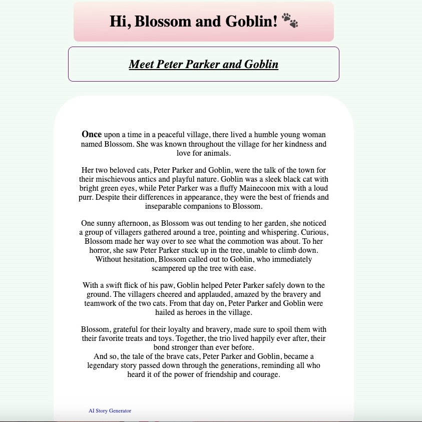 a screen shot of a web page displaying a title reading 'hi, blossom and goblin' a subtitle reading meet peter parker and goblin, and a big body of text displaying a made up story about cats