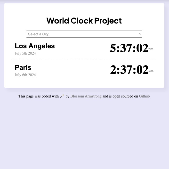 a screen shot of a web page. there is a white box on a lavender background. in the white box is black text reading world clock project, a city select drop down, and the current time and date in los angeles and paris