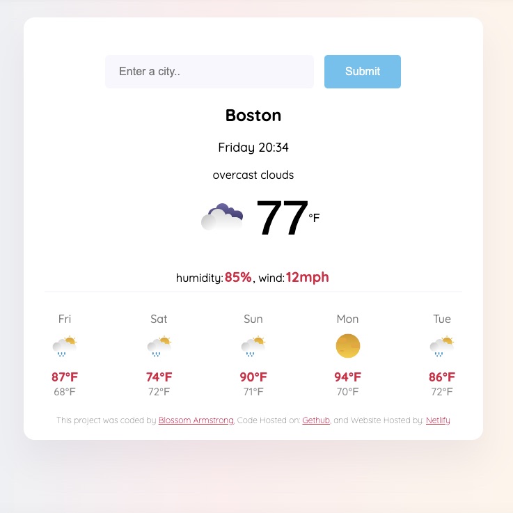 a screen shot of a weather app showing the current weather and temperature in Boston MA with the forcast for the next 5 days of weather below it. the background is a gentle gradient of blue pink and yellow